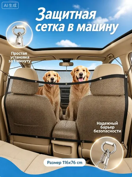 защитная сетка перегородка в багажник автомобиля 116х76 см. Комплект автомобильных барьеров безопасности для перевозки собак и защиты салона от животных с крючками