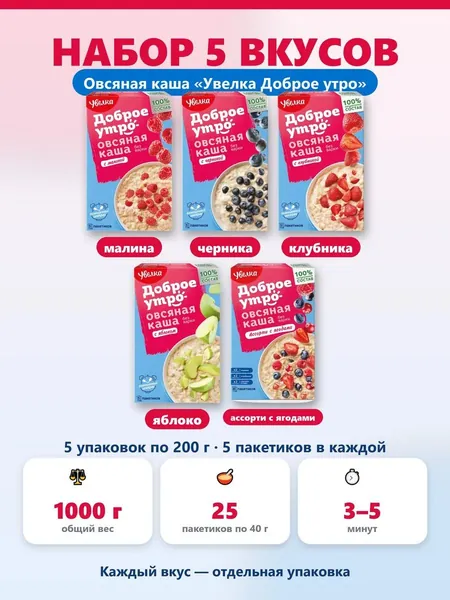 Набор овсяной каши Увелка Доброе утро малина черника клубника яблоко ассорти с ягодами 1000 г 25 пакетиков по 40 г. в дорогу в офис на учёбу, детям и взрослым здоровый завтрак сухой завтрак.