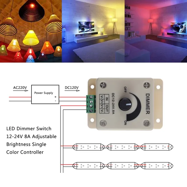 Регулятор яркости LED с поворотным регулятором, 8 А, 12 24 В