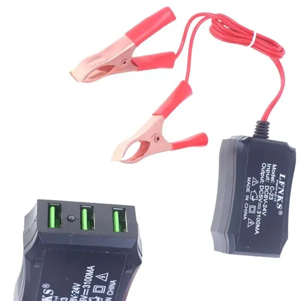 Хит продаж! 1 шт. Преобразователь напряжения 12В/24В в 5В с 3 USB-портами и зажимом для аккумулятора для зарядки мобильного телефона, аварийный USB-адаптер с высокой эффективностью.