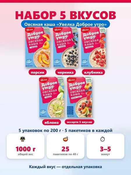 Овсяная каша быстрого приготовления Увелка Доброе утро, набор вкусов: персик, черника, клубника, яблоко, ассорти 5 вкусов. 1000 г, 25 пакетиков по 40 г. Готовый горячий завтрак за 5 минут.