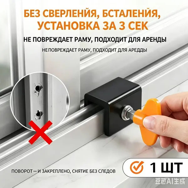 Фиксатор для окон и москитных сеток защита от открывания, установка без сверления, передвижной противоугонный ограничитель1 шт