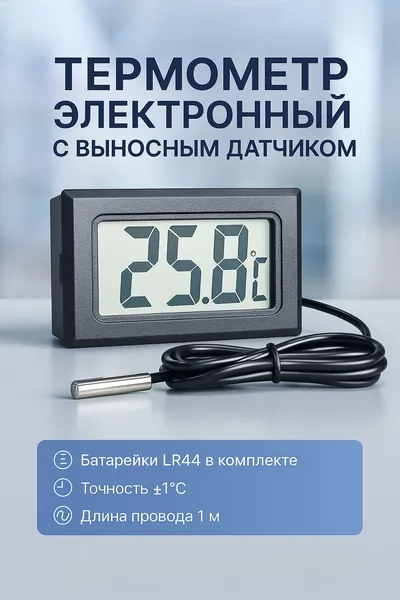 Термометр электронный с выносным водонепроницаемым датчиком, диапазон -50...+110 C, кабель 1 м, ЖК-дисплей, для аквариума, холодильника, теплицы, сауны (батарейки LR44 в комплекте)
