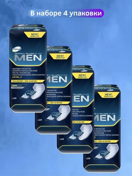 Набор урологических прокладок для мужчин Tena Men Level 2 Medium, 4 капли, 500 мл, 4 упаковки, 80 штук
