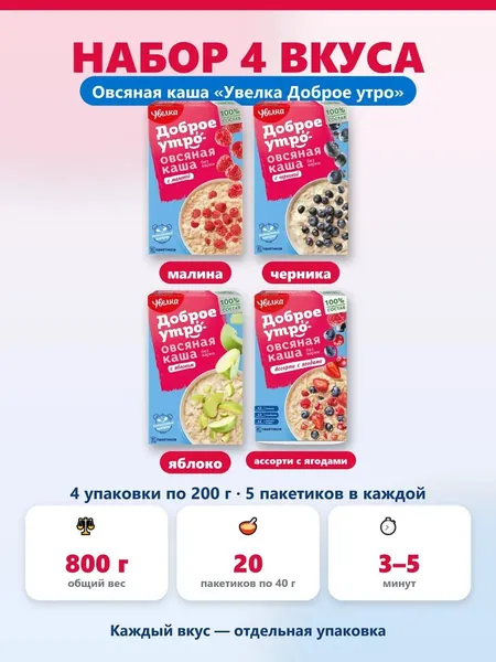 Овсяная каша быстрого приготовления Увелка Доброе утро набор малина черника яблоко ассорти с ягодами 800 г 20 пакетиков по 40 г. в дорогу в офис на учёбу, детям и взрослым здоровый завтрак.