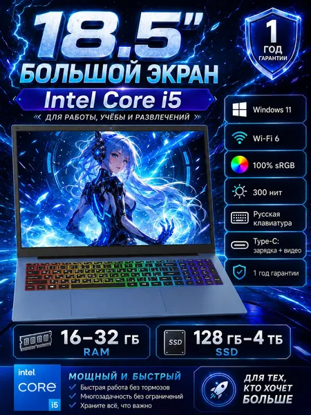 Vicyoung 18.5" большой экран FHD IPS, Intel Core i5, Wi‑Fi 6, RGB-подсветка, настраиваемая конфигурация, Игровой ноутбук 18.5", Intel Core i5-1038NG7, RAM 32 ГБ, SSD 256 ГБ, Intel Iris Plus Graphics G7, Windows Pro, голубой, Русская раскладка