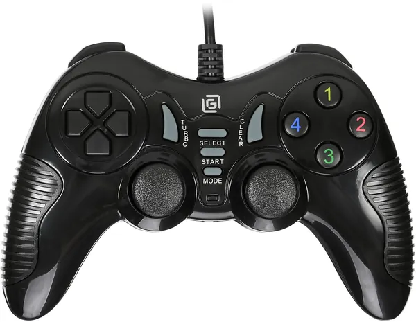 Геймпад Oklick GP-300M, черный, проводной, USB, 1.5 м, цифровой/аналоговый, 12 кнопок , 4-направленный D-пад, 2 многоосевых мини джойстика, SELECT/START/MODE/TURBO/CLEAR, Windows