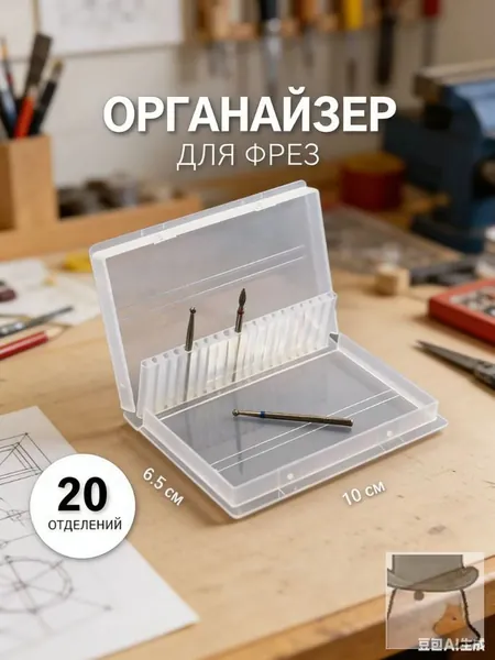 Контейнер для фрез с 20 отделениями, 10 х 6.5 см, прозрачный органайзер для инструментов, Коробка для хранения полировальной головки для инструментов для дизайна ногтей, АБС-пластик, 1 шт.