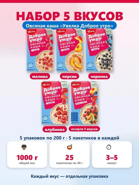 Набор овсяной каши Увелка Доброе утро малина персик черника клубника ассорти 5 вкусов 1000 г 25 пакетиков по 40 г. овсянка с фруктами без сахара сверху фитнес завтрак, без варки.