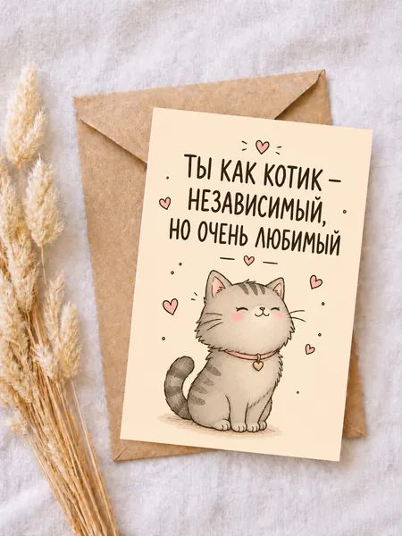 Открытка "Ты как котик - независимый, но очень любимый" с милым котом, нежная открытка 10х15 см с крафт-конвертом