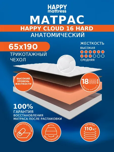 Матрас HAPPY CLOUD 16 HARD KNIT 65х190 см ортопедический