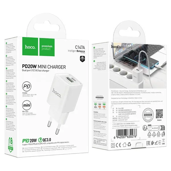 Быстрая зарядка 20Вт/ Блок питания с USB и Type C / адаптер для телефона 20W