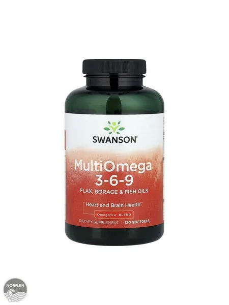 Swanson Multiomega 3-6-9, Омега 3-6-9, Рыбий жир + Масло огуречника + Льняное масло, 120 мягких капсул, Жирные кислоты, витамины для сердца и сосудов, для мозга, для здоровья кожи