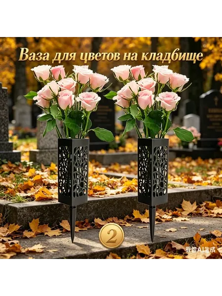 Ритуальная ваза с колышком для кладбища 2шт, черная для на