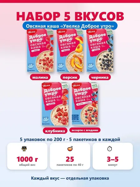Овсяная каша быстрого приготовления Увелка Доброе утро набор малина персик черника клубника ассорти с ягодами 1000 г 25 пакетиков по 40 г. полезный перекус в дорогу в офис, на учёбу детям и взрослым.