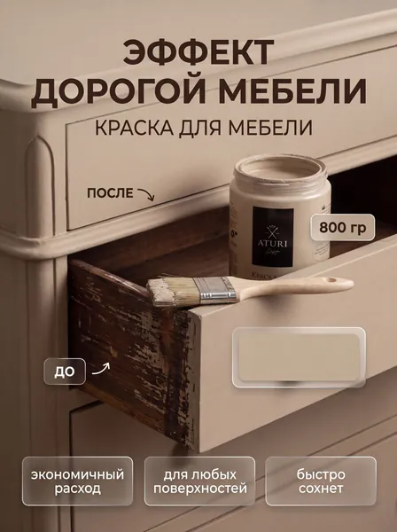 Матовая меловая краска для мебели без запаха быстросохнущая Aturi Classic 0.4 кг. Крем-брюле, бежевая. Краска по дереву и по металлу. Для дверей межкомнатных и окон, кухонного гарнитура. Для стен, ОСБ
