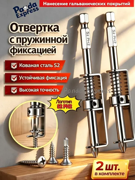 2 шт. Крестовая бита S2 PH2 с пружиной, с магнитным ,высокая твёрдость, набор из, для шуруповёрта и дрели, насадка для электрической отвёртки, насадка держатель на шуруповерт для саморезов