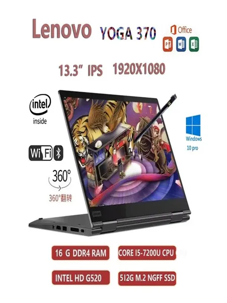 Lenovo Lenovo 13.3-дюймовый планшетный ПК 2-в-1 ноутбук Игровой ноутбук 13.3", Intel Core i5-7200U, RAM 16 ГБ, SSD 512 ГБ, Intel HD Graphics 620, Windows Pro, (Yoga 370), черный, Русская раскладка