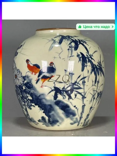 Ваза керамическая Jingdezhen Pink Crane, 15 см, светло-синяя, фаянс, 1981 год