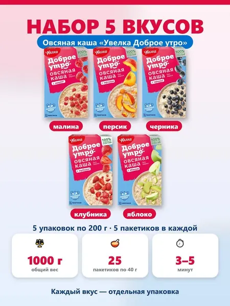 Каша овсяная быстрого приготовления Увелка Доброе утро, набор вкусов: малина, персик, черника, клубника, яблоко. 1000 г, 25 пакетиков по 40 г. Полезный завтрак для всей семьи.
