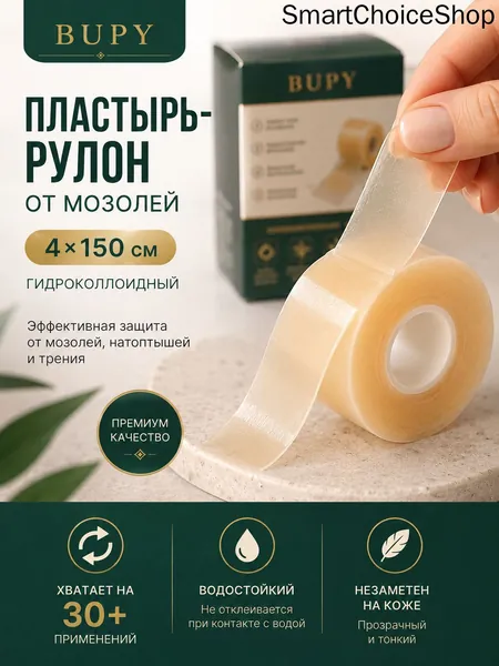 Пластырь от мозолей гидроколлоидный рулон 4х150 см, водостойкий, самоклеящийся повязка от влажных мозолей и натоптышей, ран и натираний, для ног и пальцев, можно резать под размер, бежевый