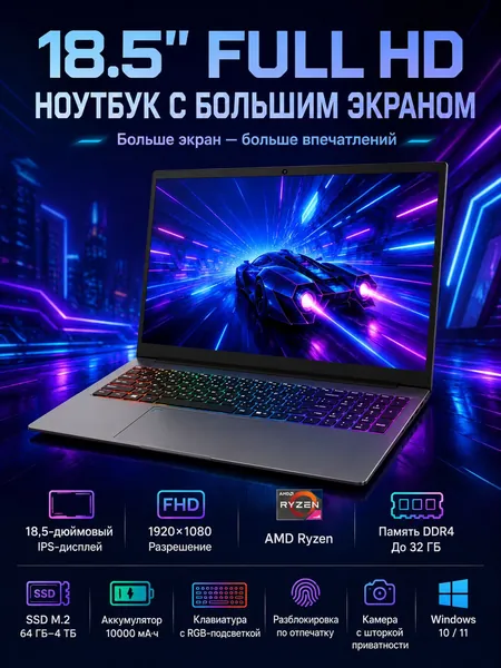 Vicyoung Игровой ноутбук, 10000 мАч, порт RJ45, Type-C Игровой ноутбук 18.5", AMD Ryzen 3 2300U, RAM 16 ГБ 256 ГБ, AMD Radeon Vega 6, Windows Pro, серый, перламутровый, Русская раскладка