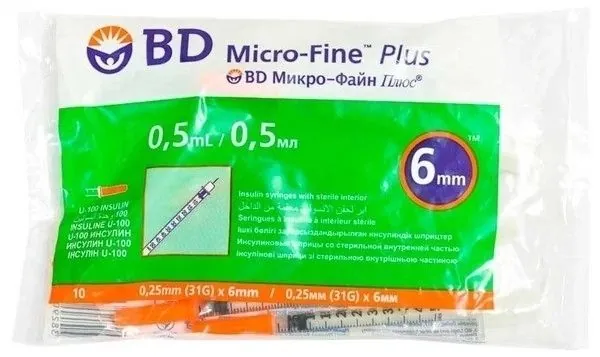 Инсулиновый шприц 0,5 мл 31G 0,25 x 6 мм с интегрированной иглой U100 BD Micro-Fine Plus Becton Dickinson 10 штук