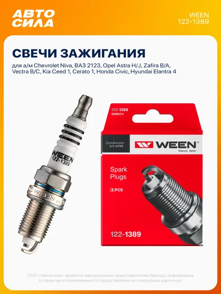 Свечи зажигания для Нива Шевроле 2123, Опель Астра H J G Зафира Б А Корса Омега Вектра Б С, Киа Сид 1 Церато 1, Хонда Цивик, Хендай Элантра 4 HD i20 i30, 4 шт (цена за 1 шт) Ween