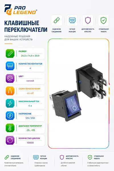 Клавишный переключатель ON-OFF, 4 контакта, черный корпус, синяя кнопка, подсветка