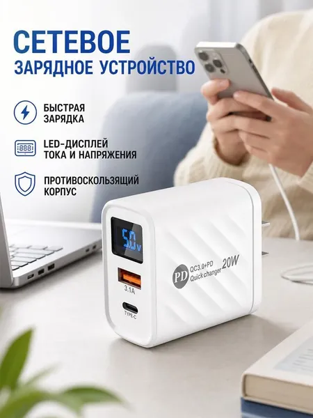 Быстрое зарядное устройство для телефона на android и apple ноутбука GaN 20W 3.1A / Зaрядка для айфона / Блок питания с USB и Type C / Быстрая зарядка Quick Charge + Power Delivery