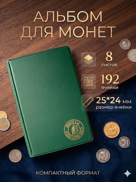 Альбом для монет 192 ячейки, зеленый