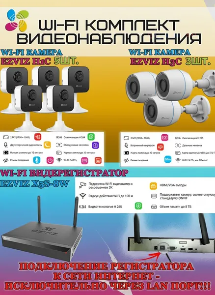 Wi-Fi Комплект видеонаблюдения EZVIZ на 8 камер видеонаблюдения - 2Мп Full HD 1920x1080P (CS-X5S-8W + 3хCS-H3c + 5хCS-H1c) 2.4 ГГц IP67, Двусторонняя аудиосвязь, ИК до 30м, угол 125гр