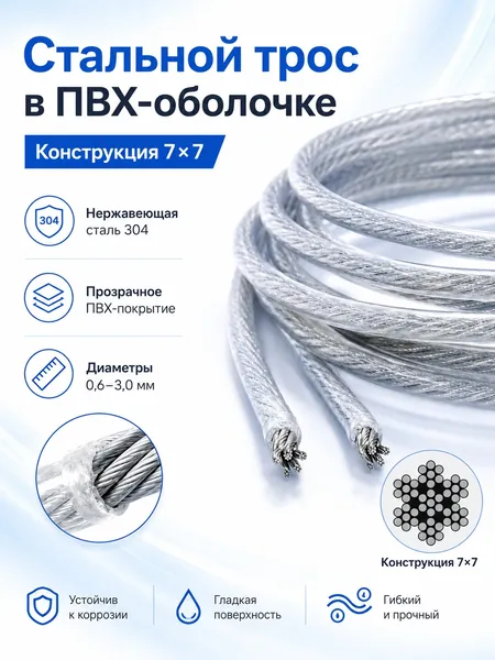 Стальной трос в ПВХ-оболочке 7 7, 2,0 мм 5 м, для шпалеры и подвеса