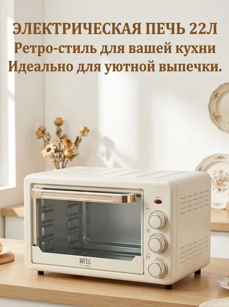 Небольшая домашняя электрическая духовка объемом 22 л, предназначенная для выпечки хлеба, полностью автоматическая, с двумя ручками независимого контроля верхней и нижней температуры, 1500 Вт.
