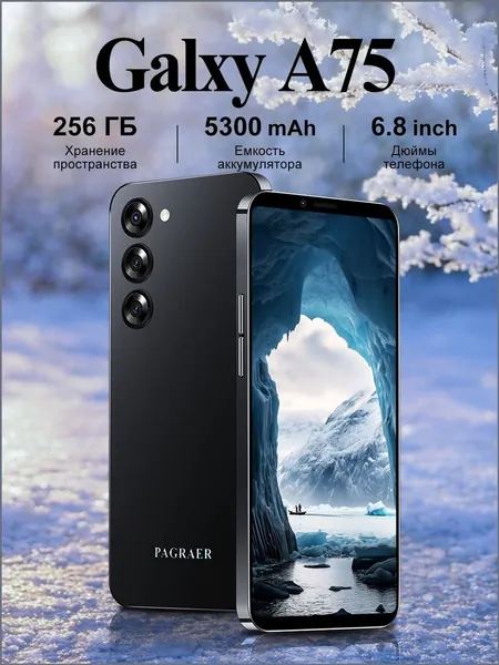 Смартфон Galxy A75 русская версия, сеть 4g, большой 6.8-дюймовый HD-экран, противоударная и водонепроницаемая защита, мощные игровые функции, гибкие возможности фотосъемки, длительное время автономной работы, отличный подарок, сенсорный телефон,Spark,M6,Ростест (EAC) EU 18/256 ГБ, Nano-SIM, черный