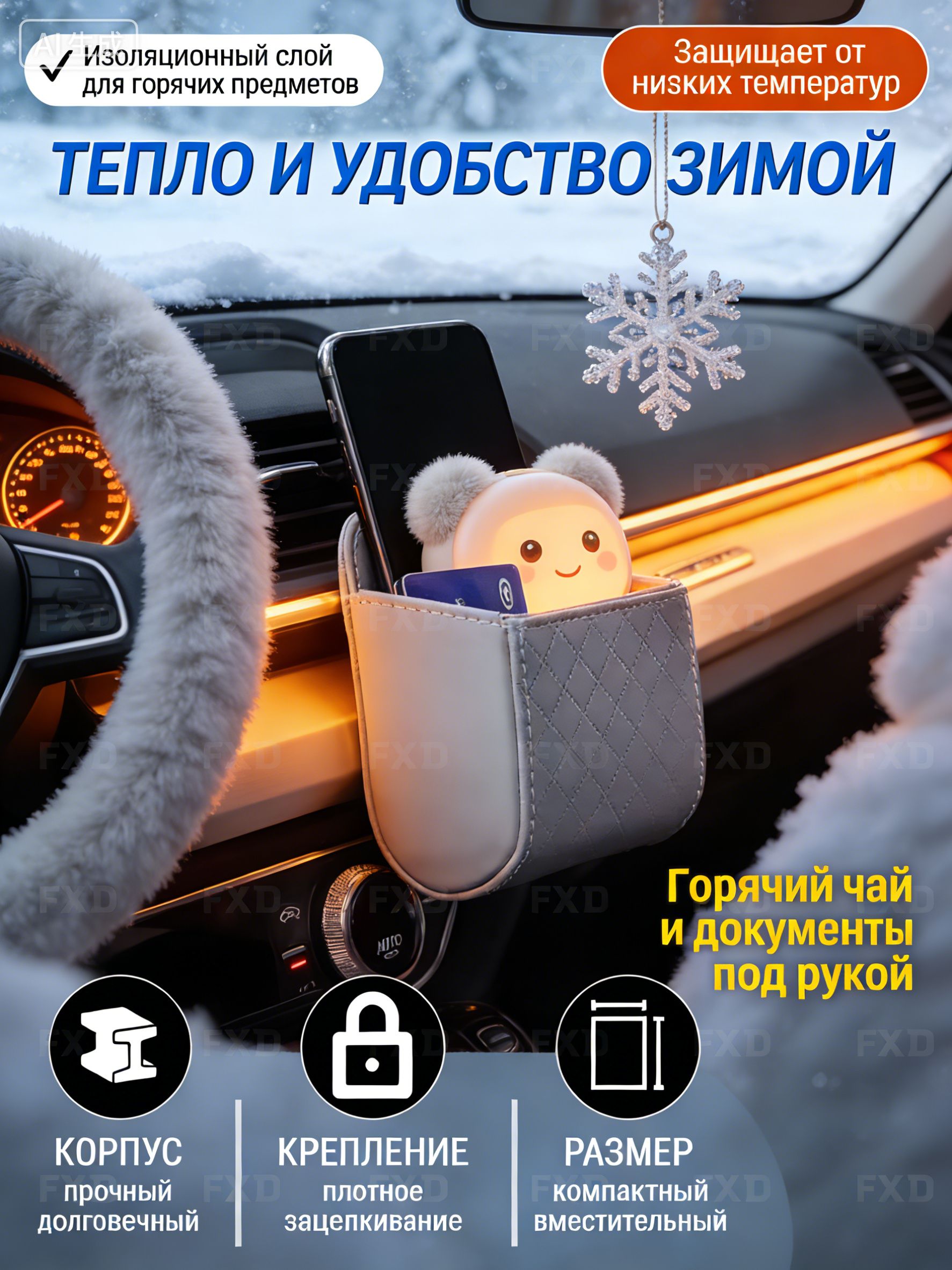 Универсальный держатель для телефона в автомобиль и органайзер на воздуховод для мелочей. Вместительная сумка в машину из искусственной кожи для карт и ключей; надежная фиксация и быстрый доступ.