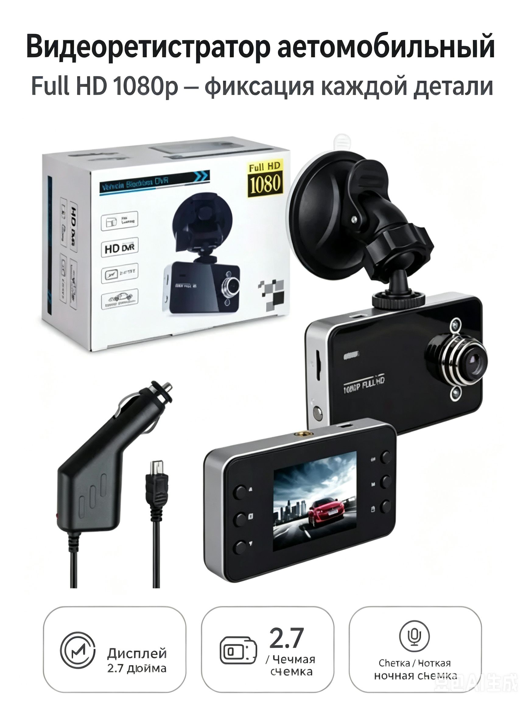 Видеорегистратор автомобильный Full HD 1080p с ночной съемкой и датчиком удара, камера в машину с экраном 2.7
