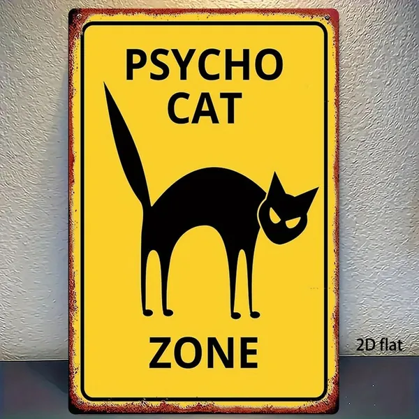 Табличка Юмористическая табличка "PSYCHO CAT ZONE" (силуэт взбесившегося черного кота), желтый предупреждающий фон, 2D плоский, металл, декор для дома или кошачьей зоны.