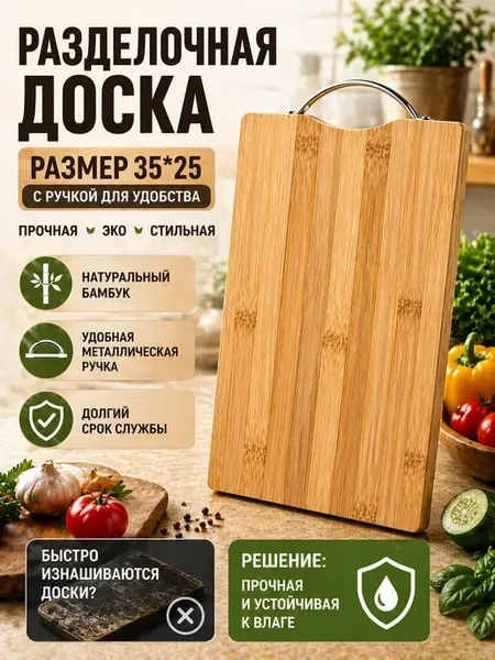 Доска разделочная кухонная бамбуковая с ручкой 35*25