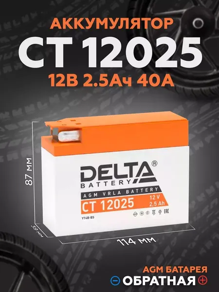 Мото аккумулятор стартерный CT 12025 12В 2,5Ач обратная полярность 40A (12V 2.5Ah) (YT4B-BS) AGM, аккумулятор для мотоцикла, мопеда, скутера, квадроцикла, снегохода, генератора