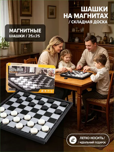 Шашки магнитные с доской 25х25 см настольные развивающие