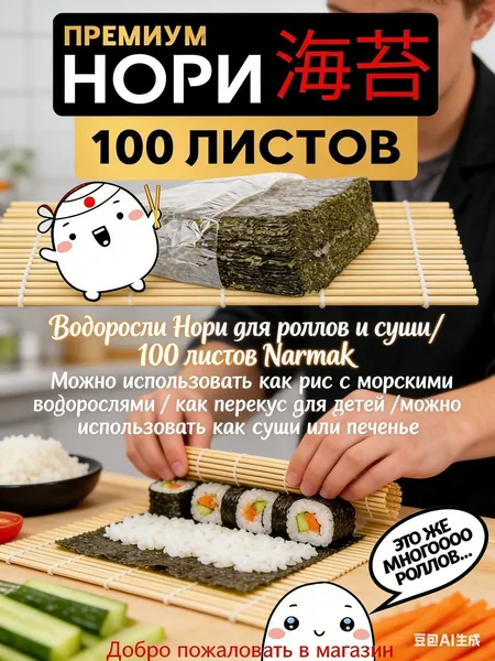 Водоросли Нори для роллов и суши/ 100 листов Narmak