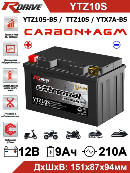 Мото аккумулятор карбоновый RDrive Carbon YTZ10S-BS 12В 9Ач прямая полярность 210А (12V 9Ah) (CT 1210.1) AGM, аккумулятор для мотоцикла, квадроцикла, скутера, гидроцикла, снегохода генератора