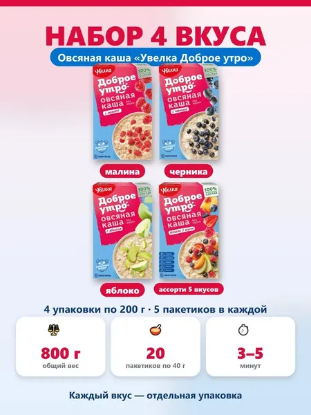 Набор овсяной каши Увелка Доброе утро малина черника яблоко ассорти 5 вкусов 800 г 20 пакетиков по 40 г. на воде и молоке быстрый завтрак овсянка с фруктами, без сахара сверху фитнес завтрак.