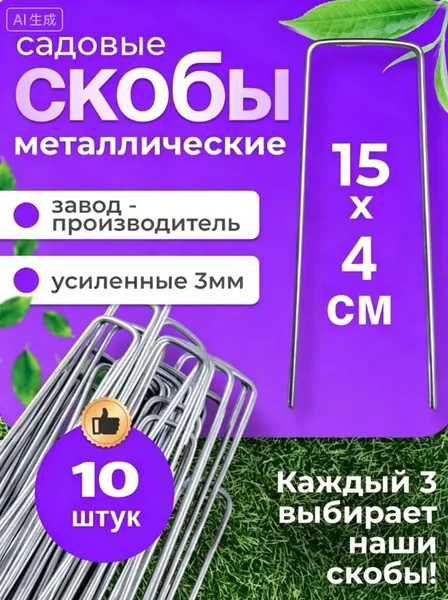 Скобы садовые15 х 5мм, Металл, 10 шт