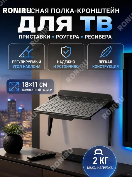 Навесная полка-кронштейн для TV приставки, ресивера и роутера, компактная подставка под ТВ оборудование 18x11 см, регулируемый угол наклона, лёгкая пластиковая консоль для пульта и консоли