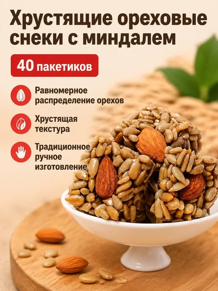 Смесь орехов из миндаля и семечек подсолнуха, 40 упаковок по 7 г, хрустящая закуска без добавок