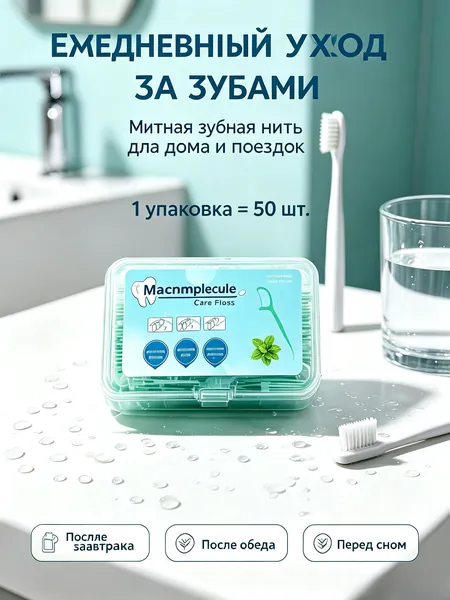 Зубная нить с держателем 50 шт, мятная, для взрослых и детей, в удобном футляре