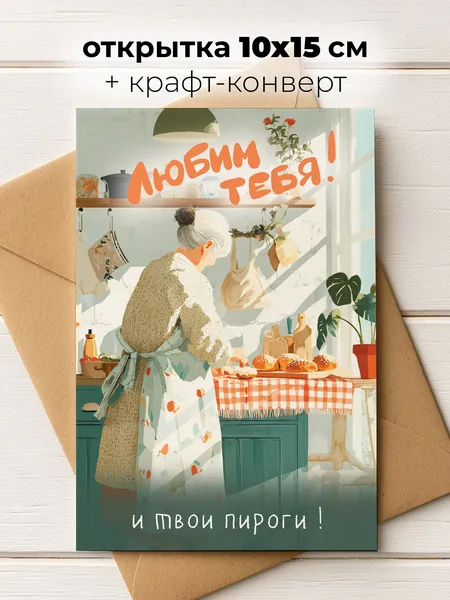 Поздравительная открытка Soaha для бабушки "Любим тебя! И твои пироги!" в конверте, 10х15 см, А6