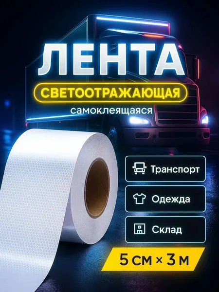 Светоотражающая лента самоклеющаяся, , белая, 5 см х 3 м